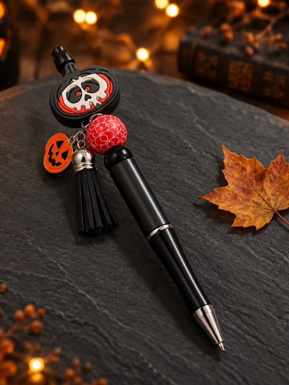 Halloween Skull Tassel Pen — Black and Orange Festive Accent